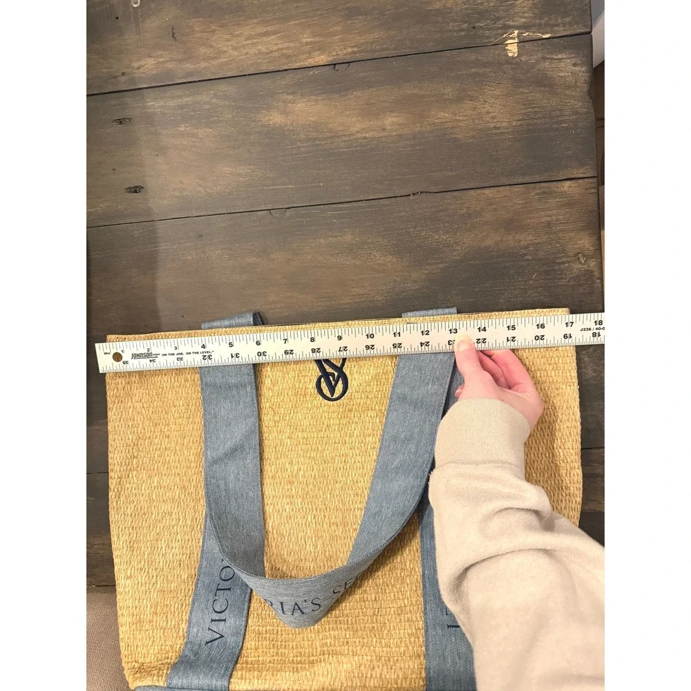 Victoria's Secret Paper Straw Tote Bag with Denim Logo Straps Lined Snap Closure